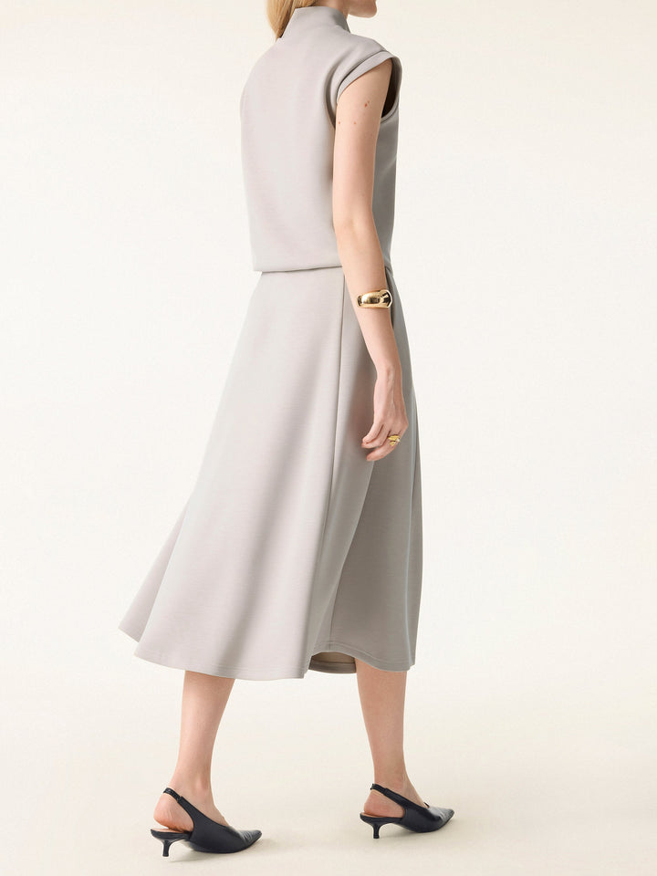 2Pcs Set V-neck Top with Sleeve Warmers & Mid Rise Flared Midi Skirt with Pockets