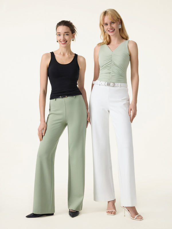 Not-See-Thru Drapey Mid Rise Wide Leg Pull-on Pants with Pockets
