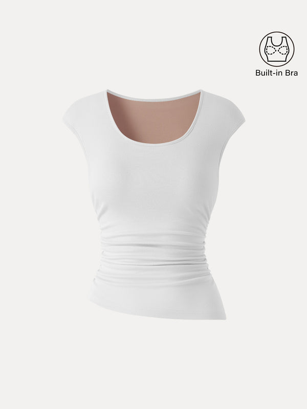 OGLmove Soft Linen Knit Scoop Neck Ruched Bra Top White XS