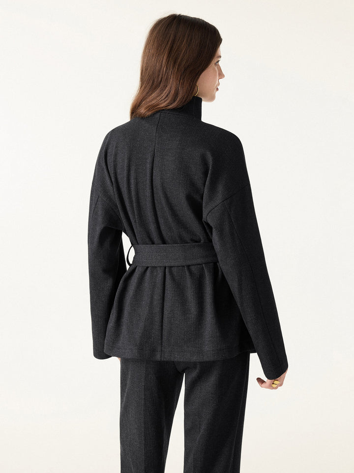 Herringbone Retro Belted Jacket with Pockets