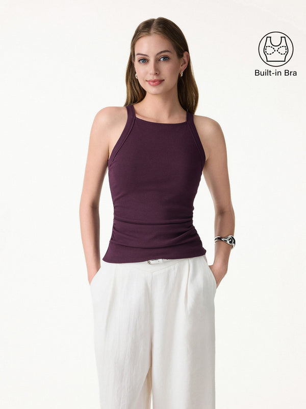 Plantive Chic Square Neck Ruched Rib Bra Tank