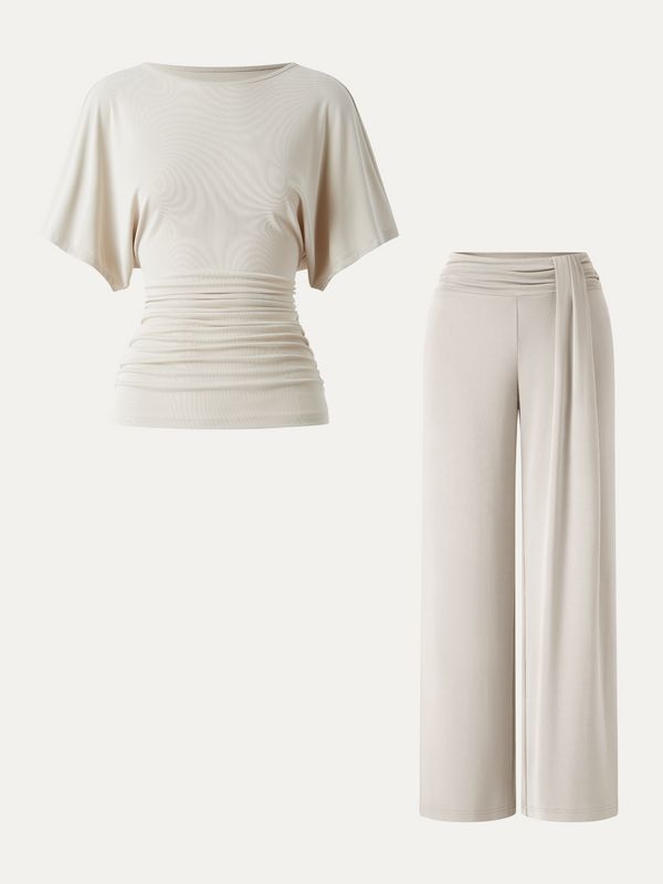 OGLmove 2Pcs Set Boatneck Batwing Sleeve Top & Mid-Rise Wide-Leg Lounge Pants