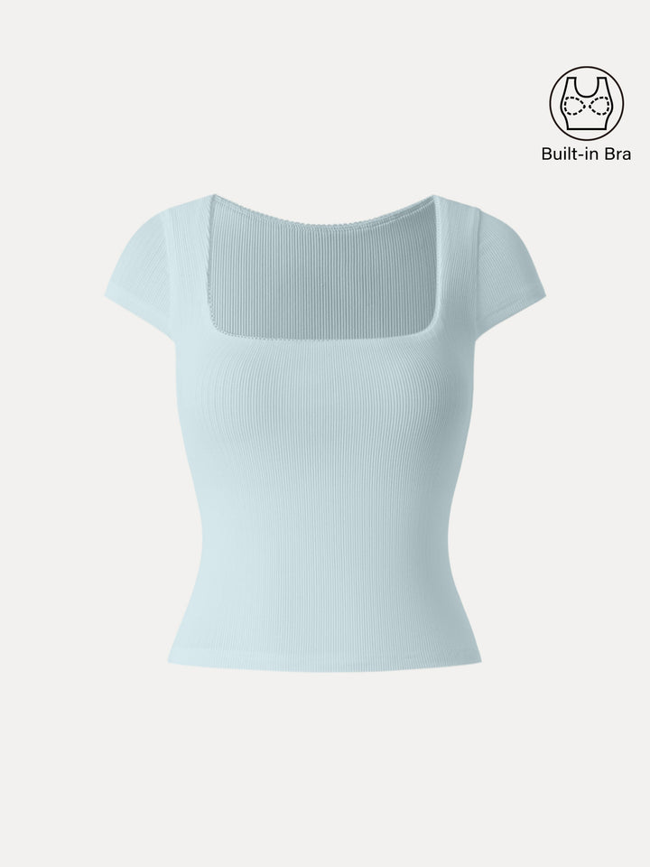 Stretch Cotton Pointelle Square Neck Cap Sleeve Brami Ice Blue XS