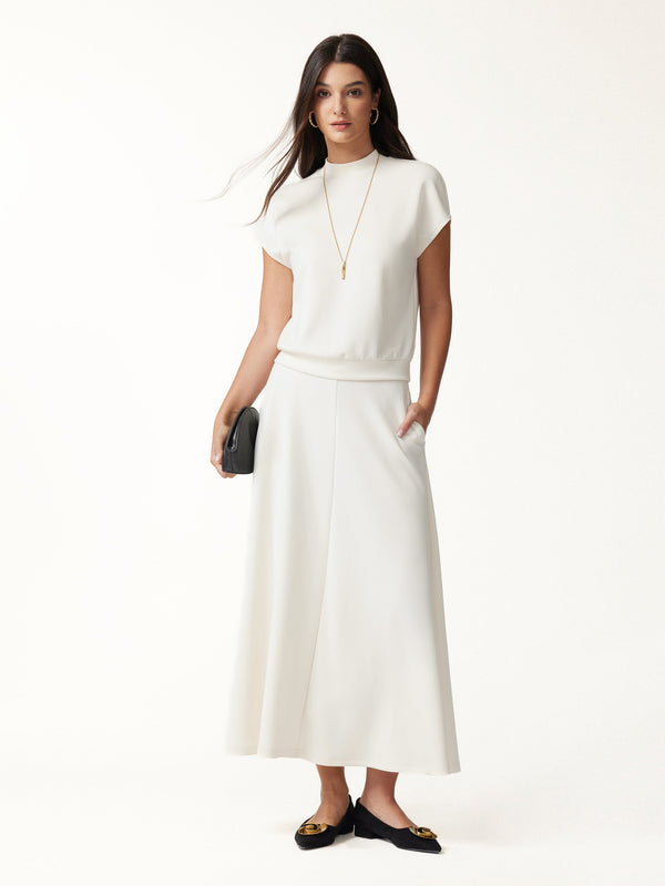 OGLmove 2Pcs Set Mock Neck Cap Sleeve Top & Umbrella Midi Skirt with Pockets Off White XXS