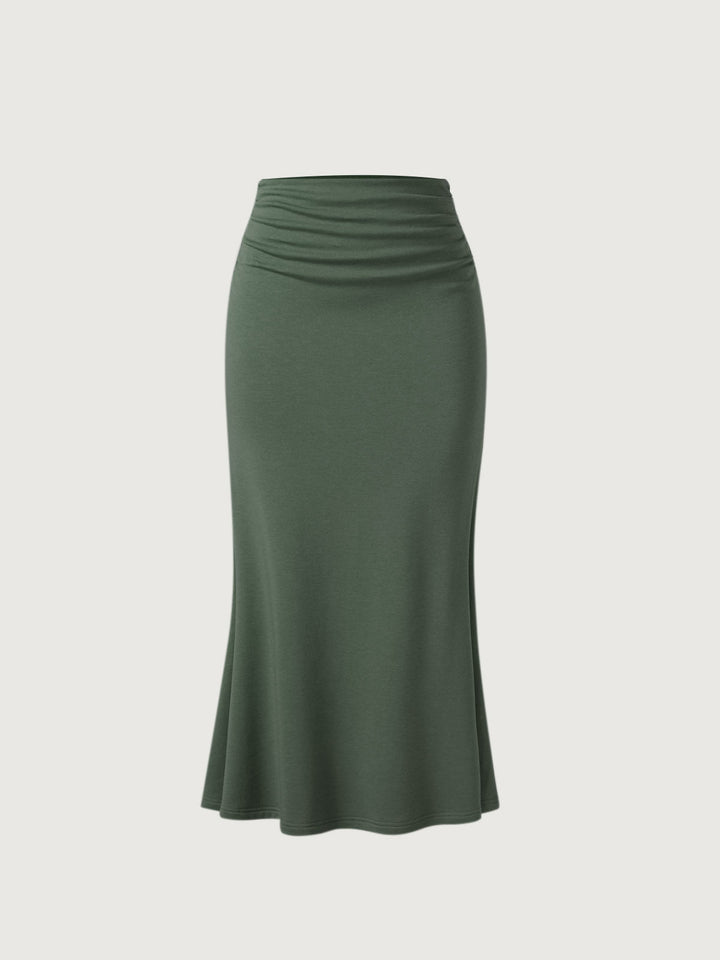 Mock Neck Crop Top & Mermaid Maxi Skirt & Scarf Jacket Skirt Moss