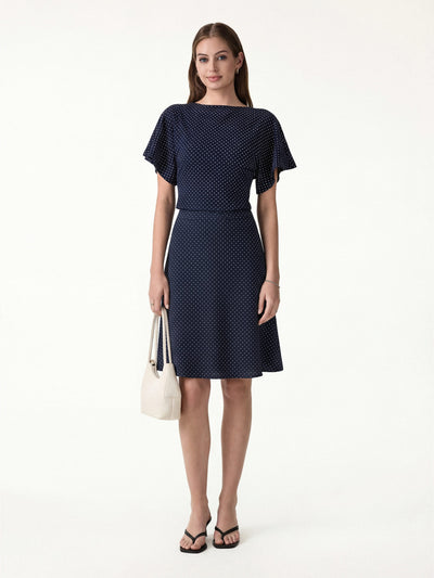 OGLmove 2Pcs Set Boatneck Flutter Sleeves Polka Dot Top & A-Line Flare Skirt Navy/White Polka Dot XS