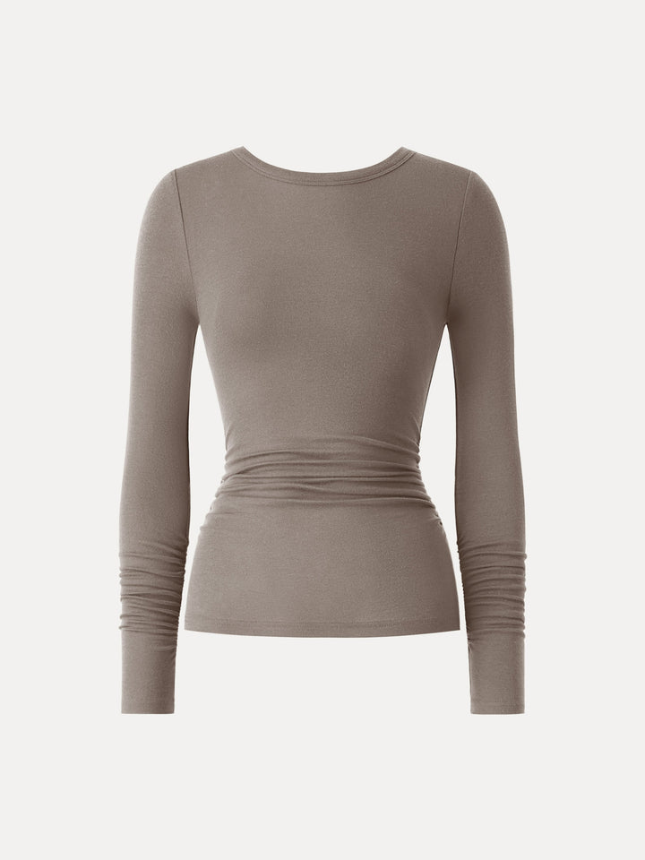 Lyocell Cashmere Ruched Sleeve Skimming Top Dark Beaver XS