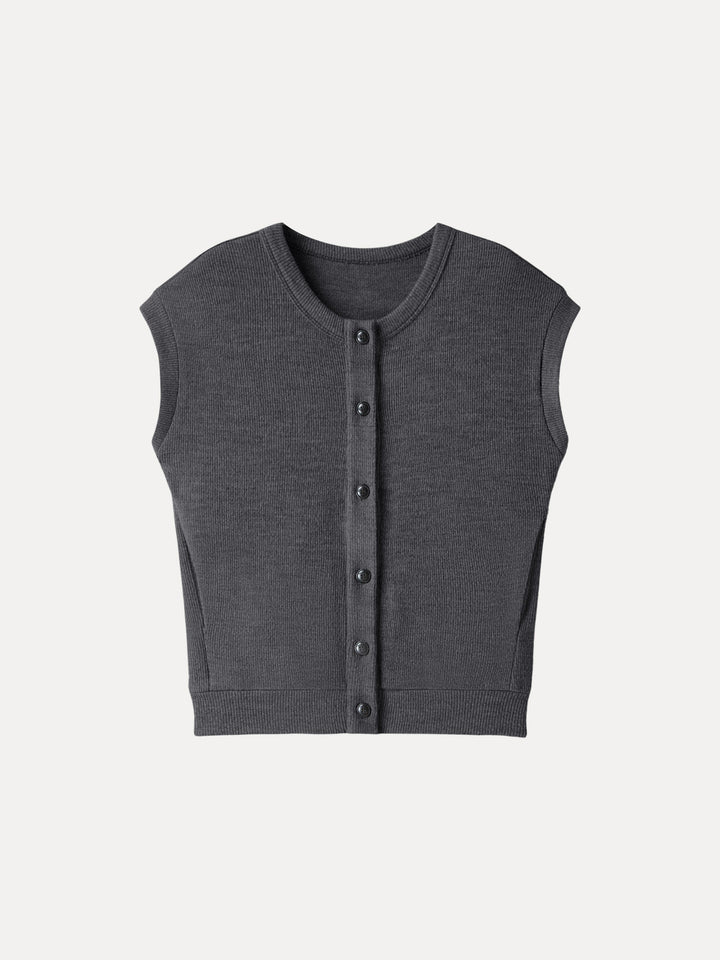 Cozy Crewneck Button Front Vest with Banded Hem Heather Black XS