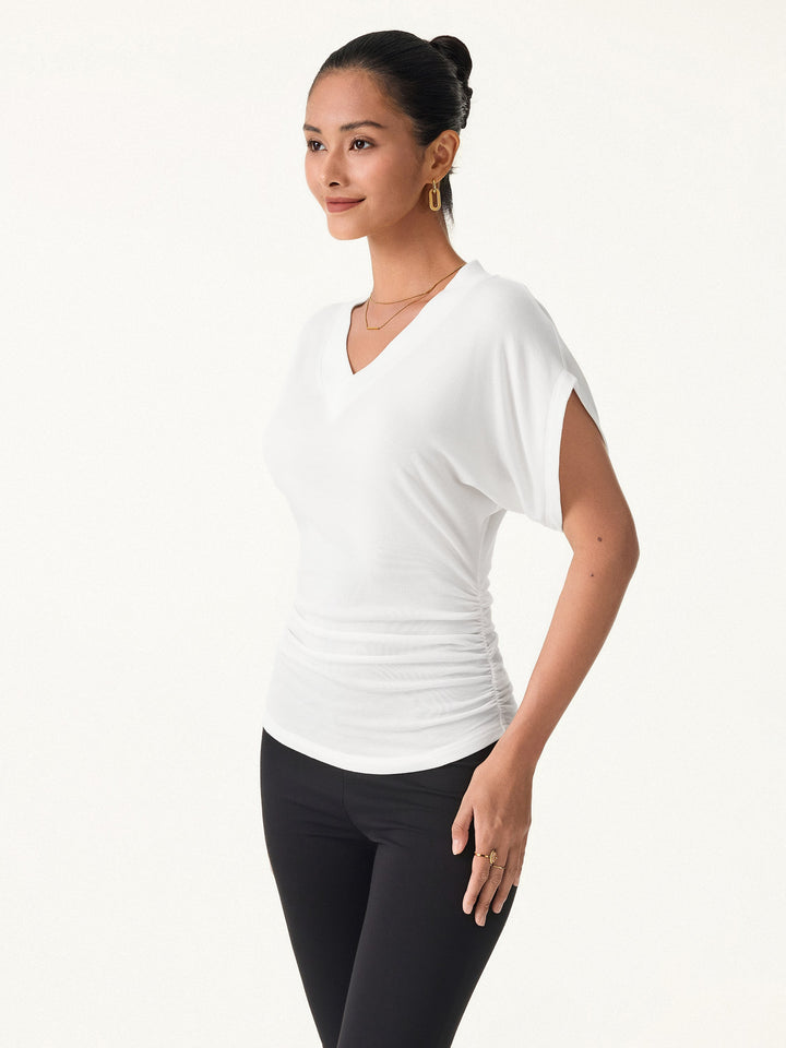 Lyocell Cashmere Blend V-neck Short Sleeve Side Ruched Tee