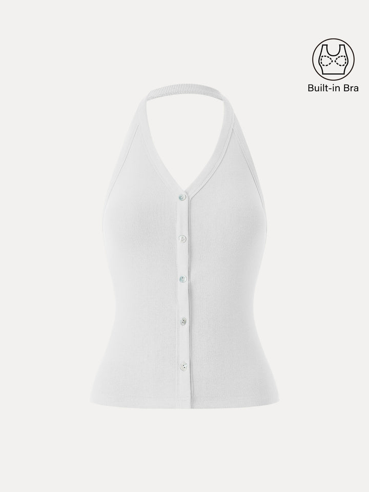 Stretch Cotton Halter Neck Faux Button Placket Brami White XS