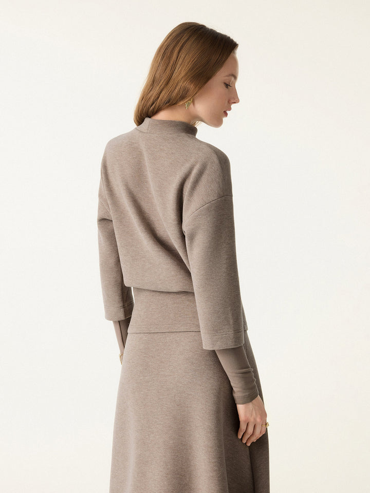 2Pcs Set FuzzLuxe Mockneck Sleeve-Warmer Top & Midi A-line Circle Skirt