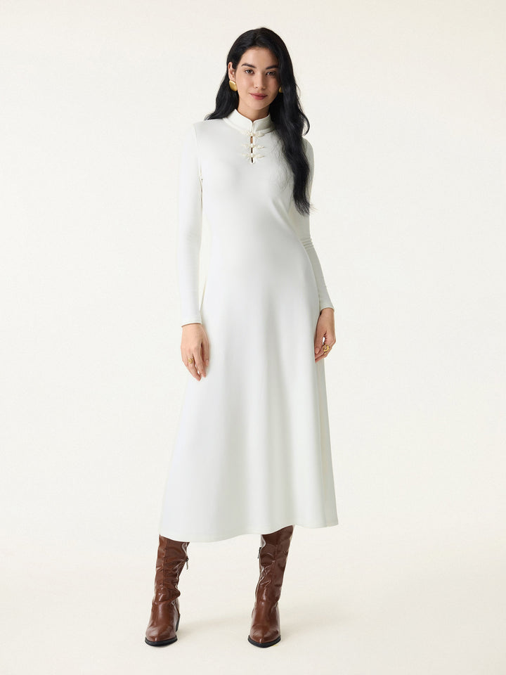 Mandarin Collar Frog Button Midi Brami Dress