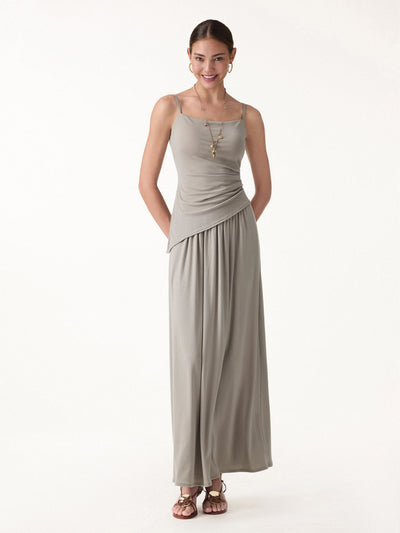 OGLmove 2Pcs Set Spaghetti Bra Top with Side Slit & A-Line Maxi Skirt with Pockets Dark Alabaster XS