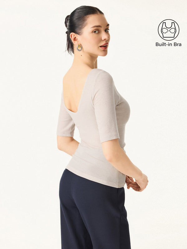 Essential Lyocell Cashmere Boatneck Elbow Length Sleeve Brami Heather Fog Ivory XS