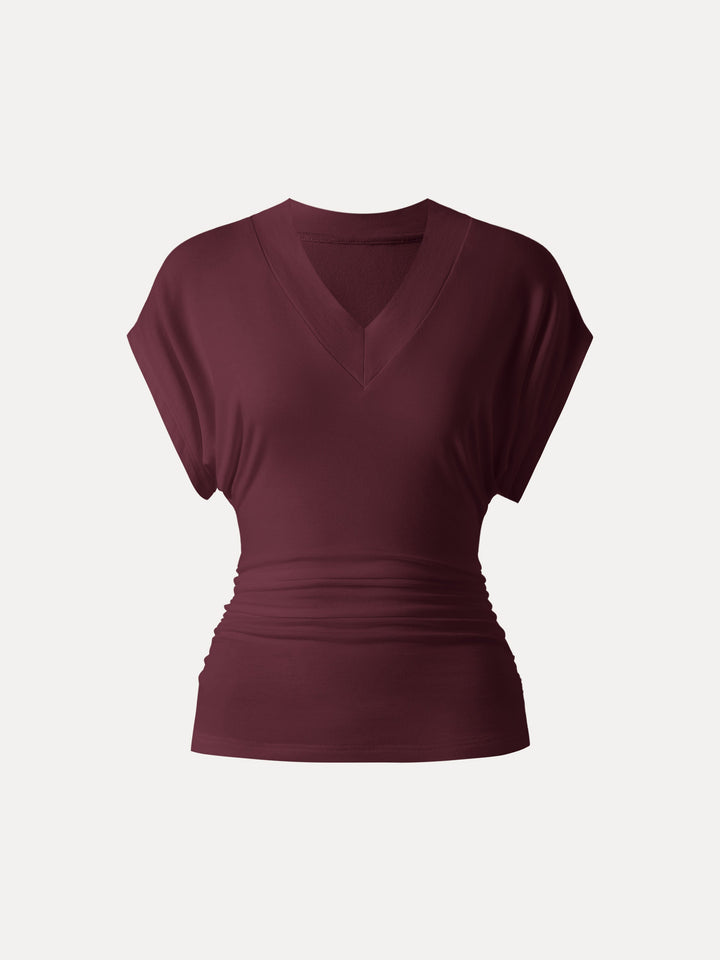 Lyocell Cashmere Blend V-neck Short Sleeve Side Ruched Tee