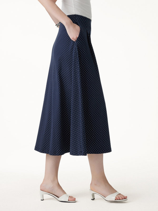 OGLmove Polka Dots Flared Midi Skirt with Pockets Navy/White Polka Dot XS