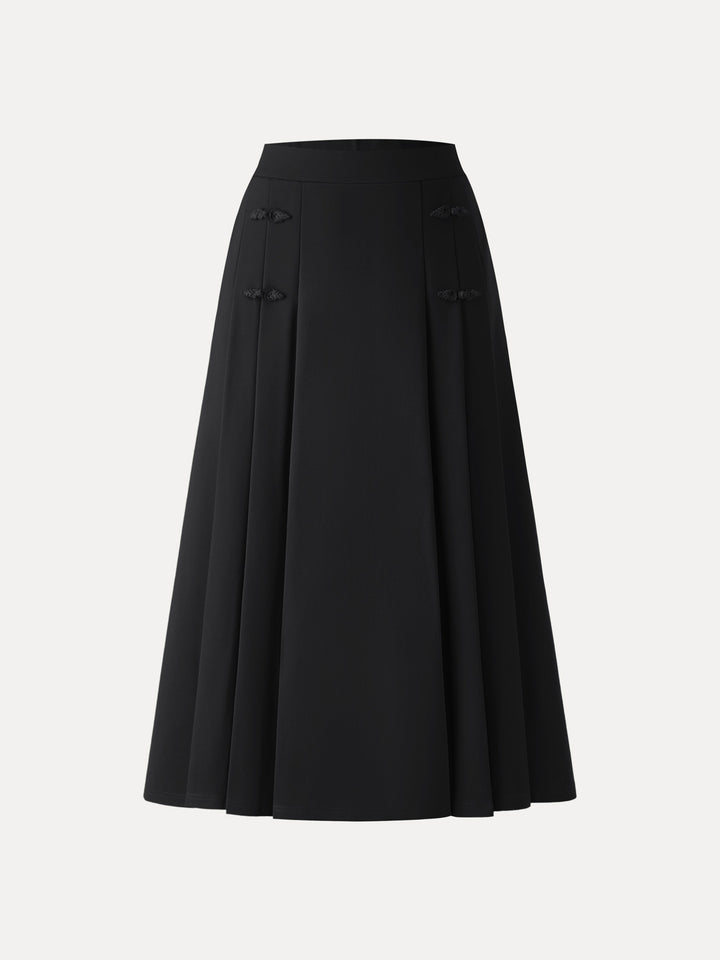 Pleated Frog Button Decor Midi A-line Skirt Black XS