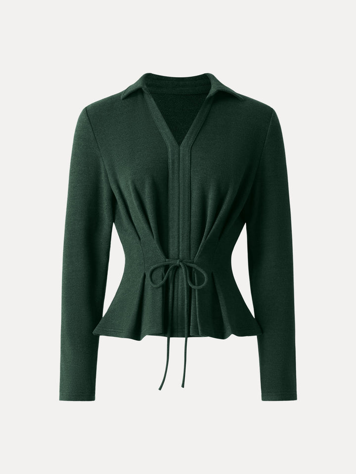 Polo Neck Drawstring Tie Long Sleeve Top Bush Green XS