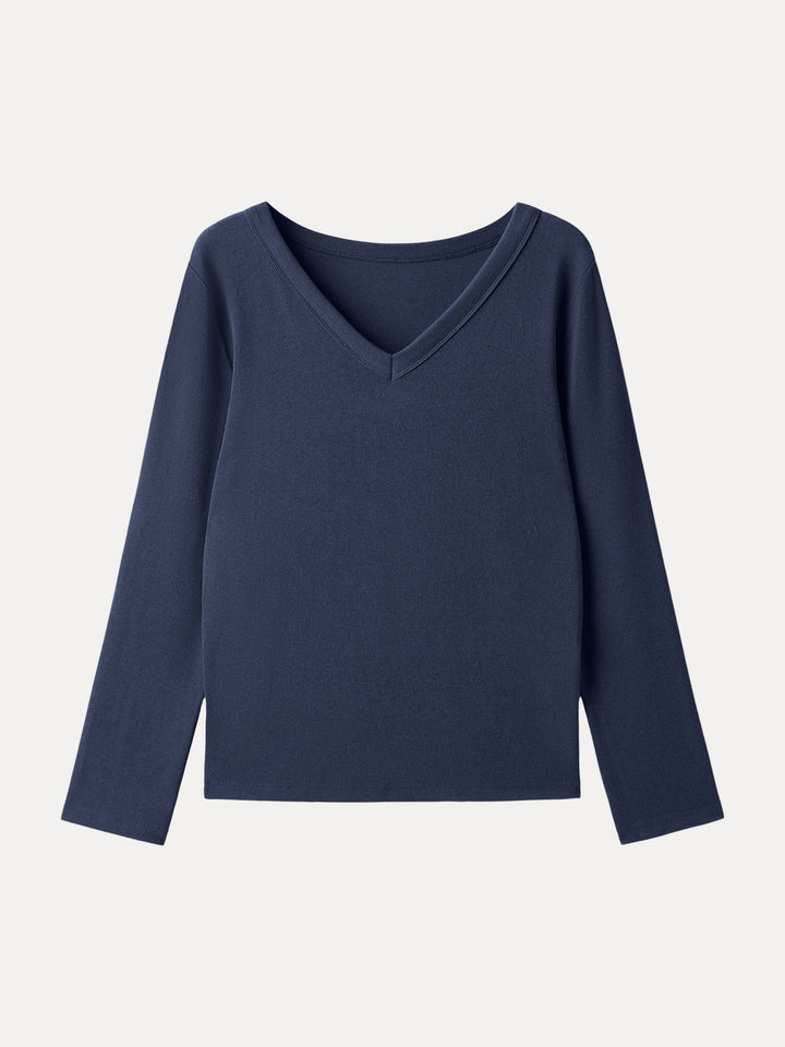 Essential V-neck Long Sleeve Top with Close-fit Hem Indigo XS