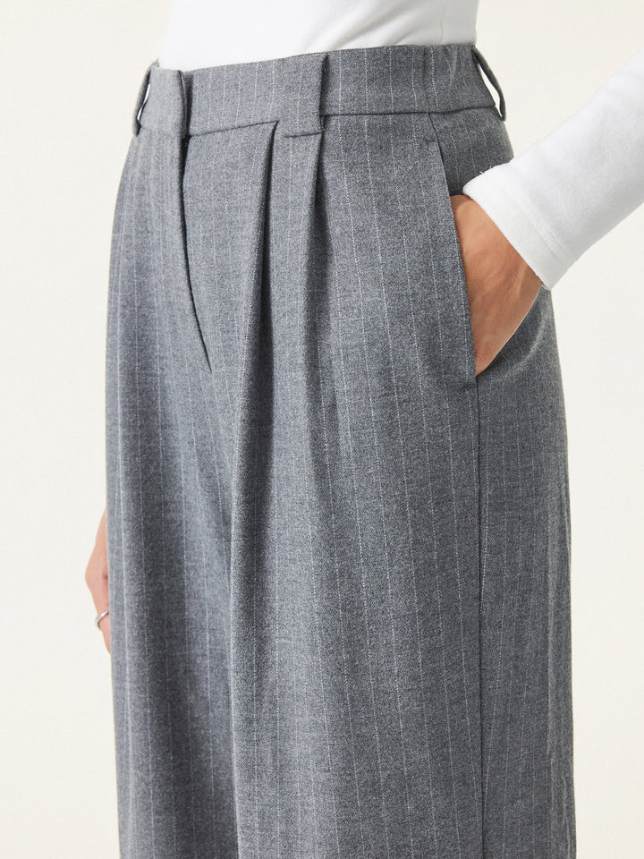 Stretch Striped Mid Rise Wide Leg Trousers with Pockets
