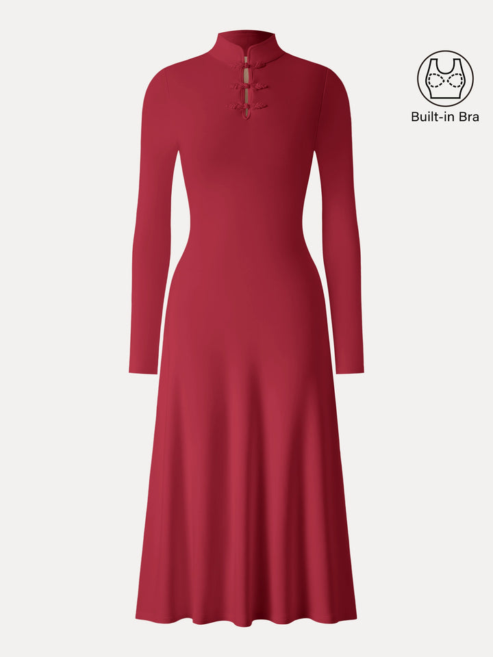 Mandarin Collar Frog Button Midi Brami Dress Luxe Red XS