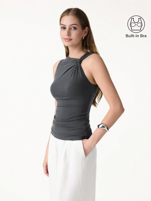 Sweat-Wicking Asymmetrical Neck Knotted Bra Tank Deep Grey XS