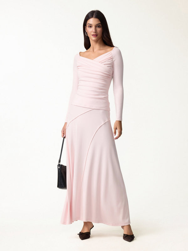 OGLmove 2Pcs Set Surplice Long Sleeve Ruched Top & A-Line Midi Skirt Powder Pink XXS