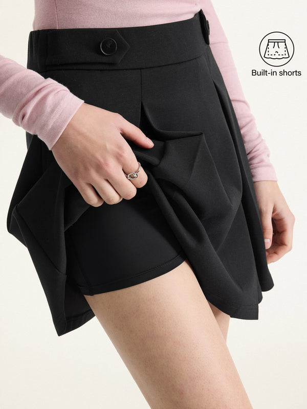 Strech Cotton Blend Pleated Skort with Built-in Shorts