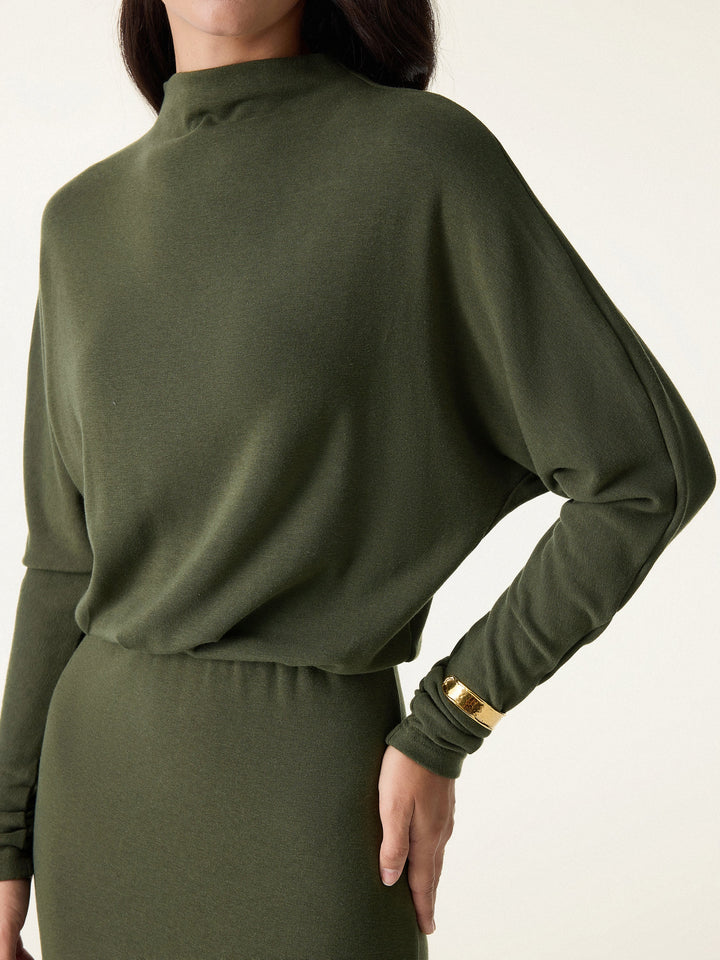 Mockneck Batwing Sleeve Cinched Waist Midi Dress