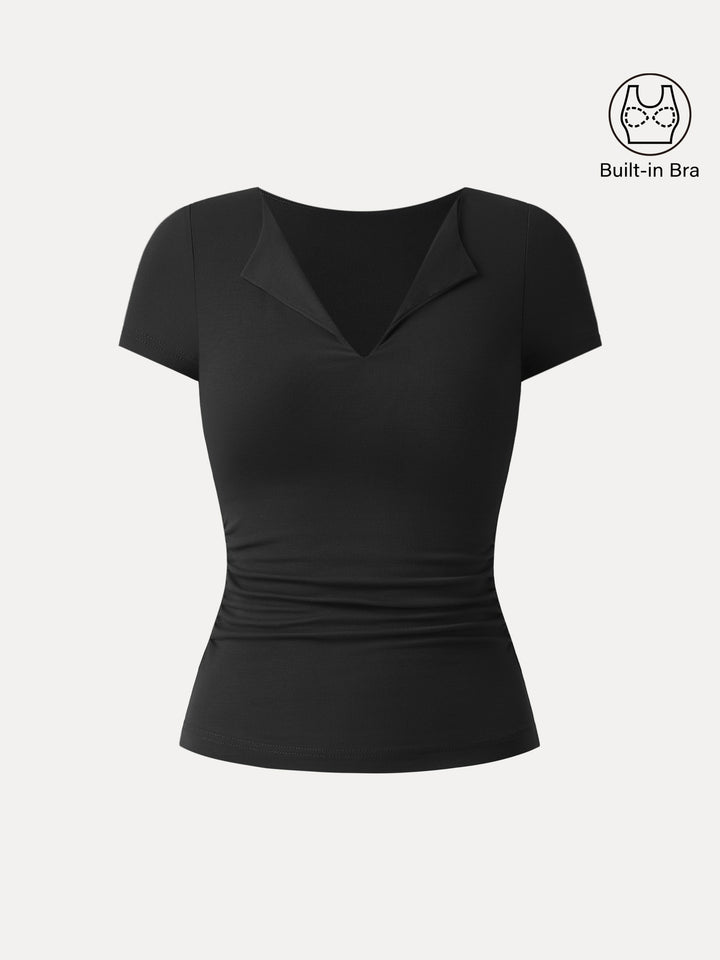 Flapped V-neck Side Ruched New Airy Brami Tee Black XS