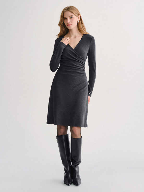 OGLmove LiteWarm Surplice Long Sleeve Gathered Mini Dress Heather Night Charcoal XXS