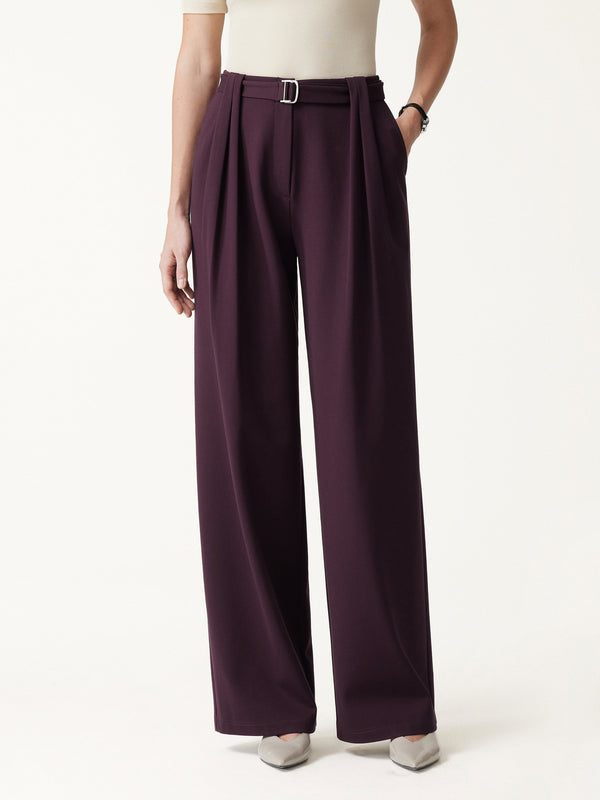 OGLmove Stretch Ponte High-Rise Belted Wide-Leg Pants with Pockets Plum Noir Purple XXS