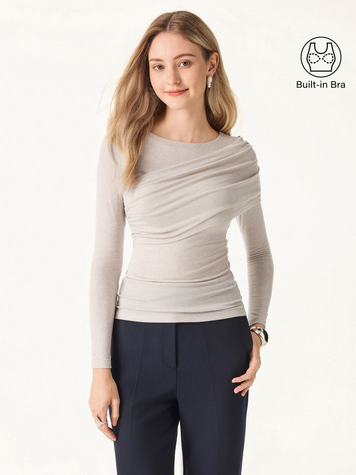 Tencel-Wool Gathered Long Sleeve Brami Top Heather Fog Ivory XS