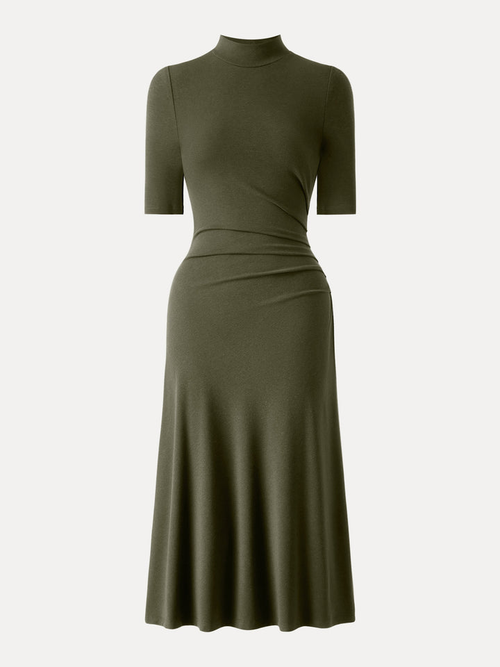 Mockneck Elbow Length Sleeve Tucked Midi Dress Olive XS