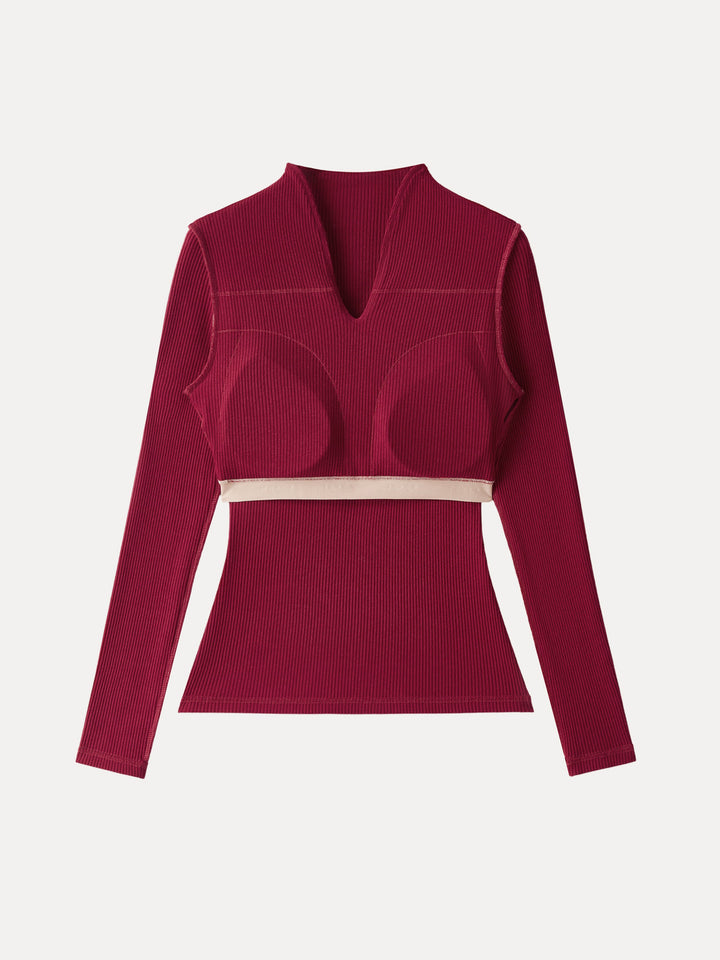 Ribbed Stand V-neck Frog Button Long Sleeve Brami