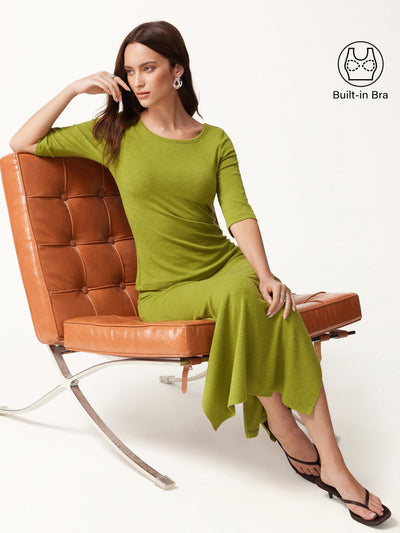 OGLmove 2Pcs Set Round Neck Elbow Sleeve Bra Top & Side-Slit A-Line Midi Skirt Citrus Green XXS
