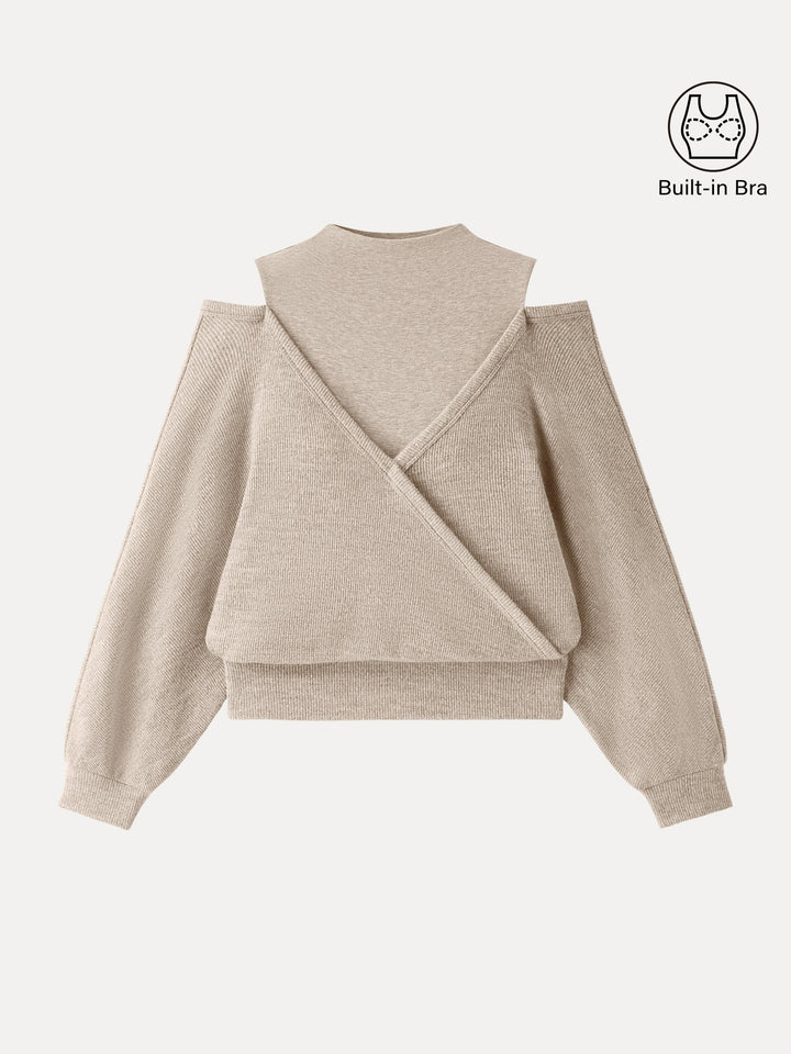 Cozy Mockneck Cutout Shoulder Surplice Brami Natural Calico XS