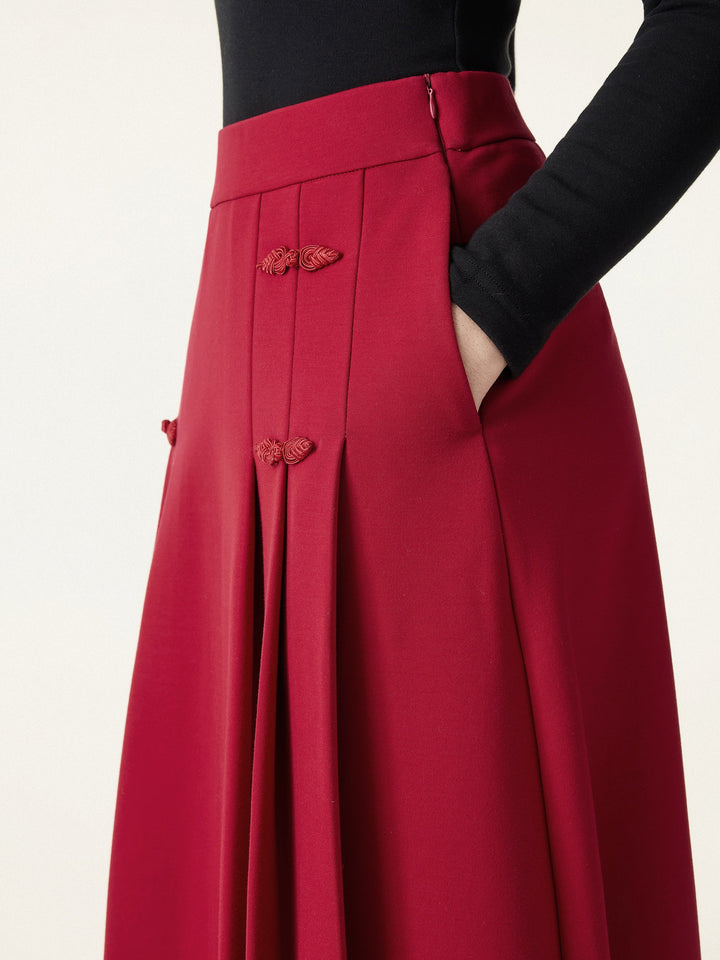 Pleated Frog Button Decor Midi A-line Skirt