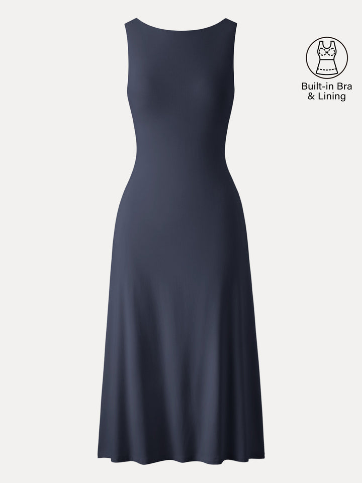 Classy Boatneck Open Back Bandless Midi Brami Dress Midnight Navy XS