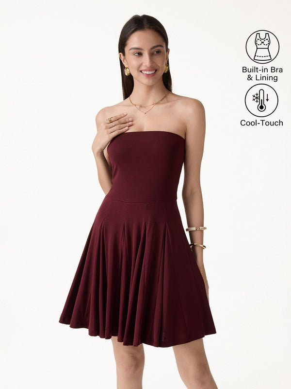 OGLmove Bandeau Godet Circle Flare Mini Bra Dress Ruby Red XS