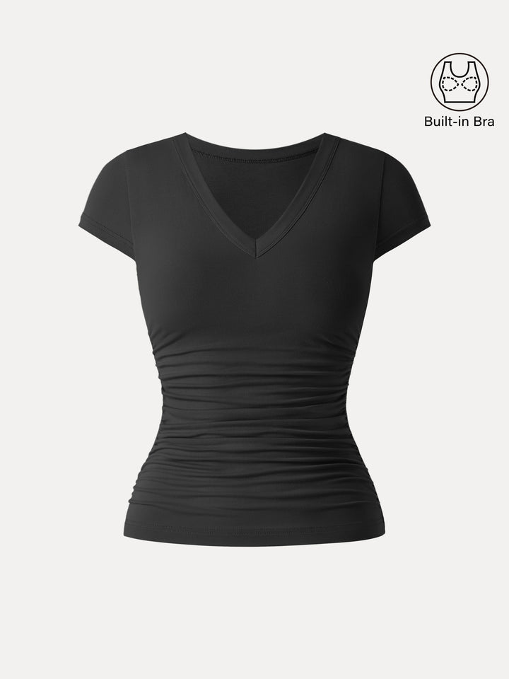 Elevated V-neck Side Ruched Cap Sleeve Brami Tee Black XS