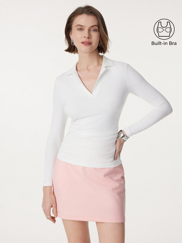 Polo Neck Ribbed Side Ruching Brami Top White XS