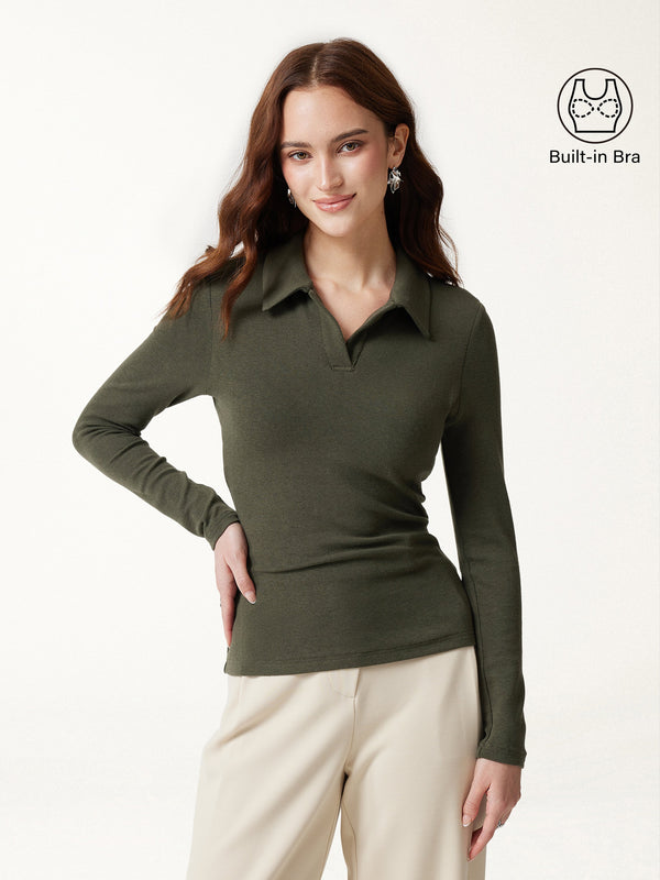 OGLmove LiteWarm Office Staple V-Neck Lapel Long Sleeve Built-In Bra Top Deep Olive XXS