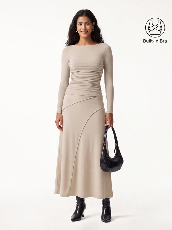 OGLmove 2Pcs Set LiteWarm Boatneck Built-In Bra Top & Drapey A-Line Maxi Skirt Natural Calico XXS
