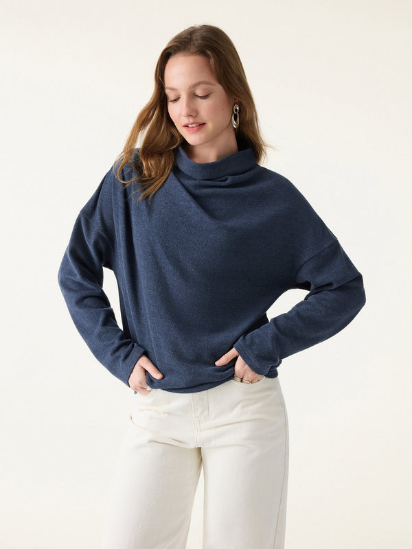 Cozy Relaxed Mockneck Top with Banded Hem Heather Indigo XS