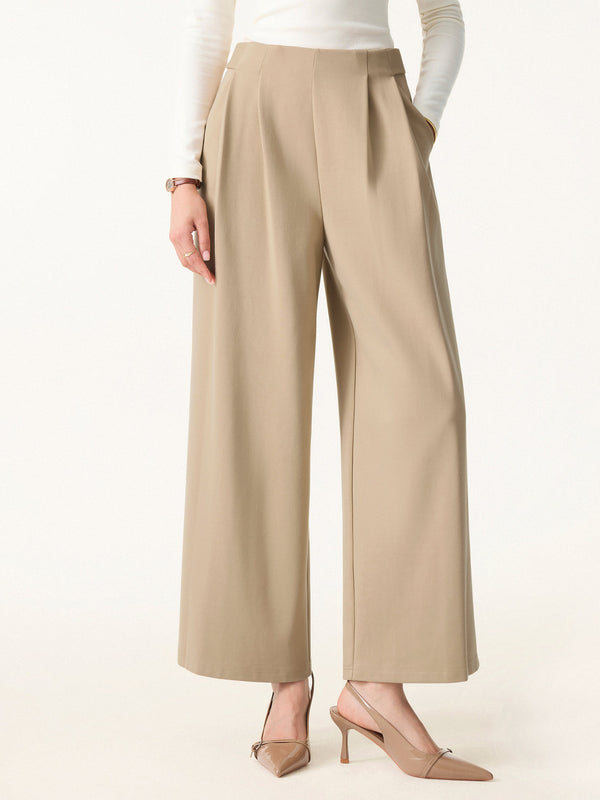 Mid Rise Wide Leg Ankled Pull-on Pants with Pockets Khaki XS