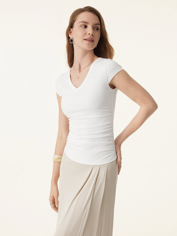 Elevated V-neck Side Ruched Cap Sleeve Brami Tee
