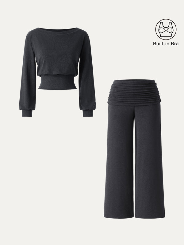 OGLmove 2Pcs Set Boatneck Bra & Drapey Wide Leg Pull-on Pants with Pockets