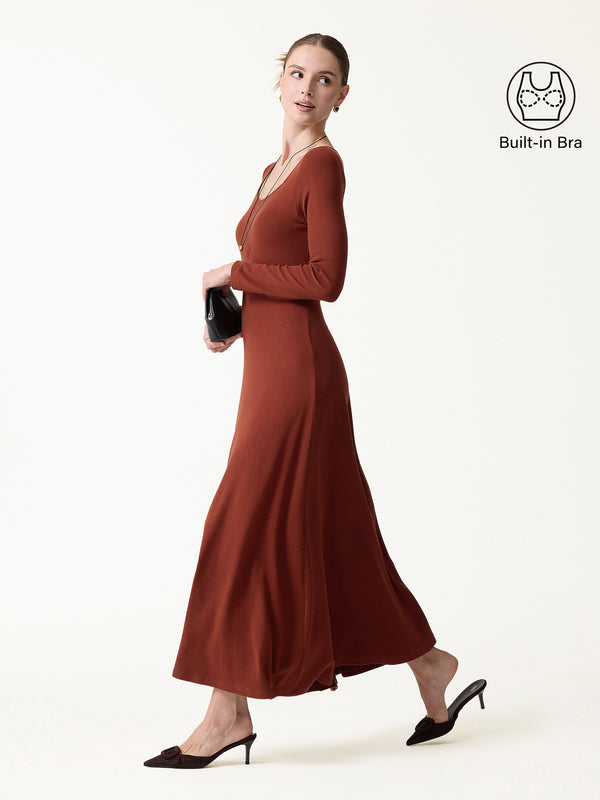 OGLmove LiteWarm Diamond Neck Long Sleeve Drapey Maxi Built-In Bra Dress Red Clay XXS