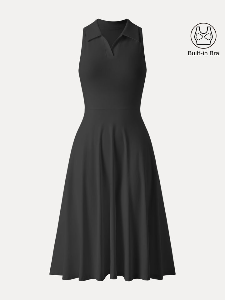 Stretch Cotton Polo Neck Fit-and-flare Midi Brami Dress with Pockets Black XS